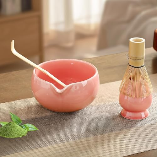 JoryHeim Matcha Set | Matcha Tee Set 4-teilig mit Matcha Besen, Schale mit Ausgießer, Besenhalter & Löffel | Matcha Besen Set für Zeremonie & Matcha-Liebhaber, Rosa