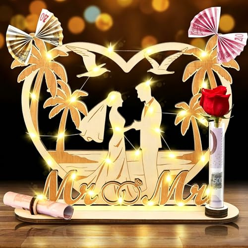 Hochzeitsgeschenke für Brautpaar, Geldgeschenk Hochzeit Holz mit LED, Holz-Herz-Kokosnussbaum-Hochzeitsdekoration, Hochzeitsgeschenk Geld, Mr & Mrs Geld Geschenk