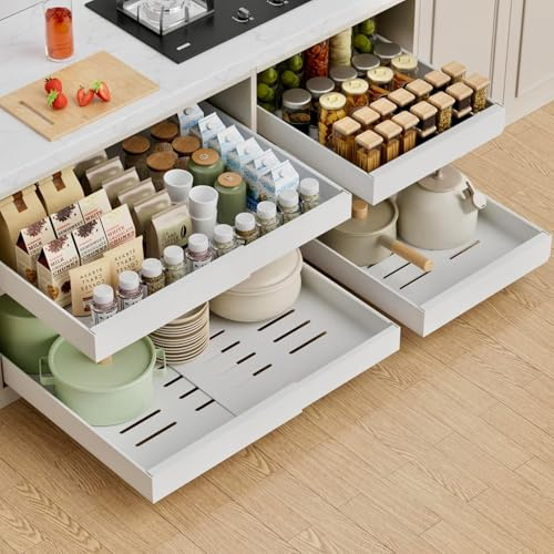 HASA zone Cajones Extraibles para Cocina con Película Nanoadhesiva, Cajon Telescopico Cocina de 42CM de Profundidad, Acero Carbono Bandeja Extraible Armario, Anchura Ajustable 34-48cm (Blanco,2pack)