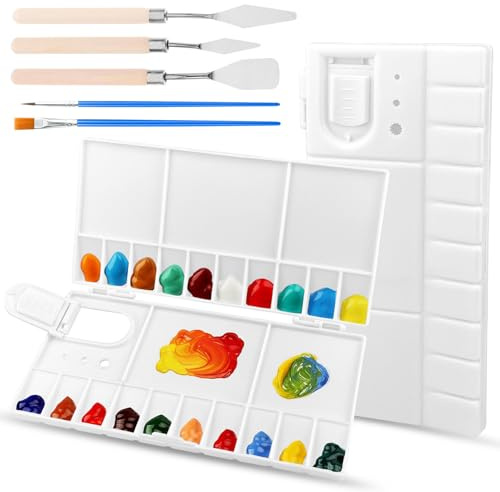 GZqiancang Faltbar Mischpalette,mit 3 Palette Messer und 2 Pinselset | Farbpalette mit Griffloch für Schüler,Kinder, Anfänger und Künstler