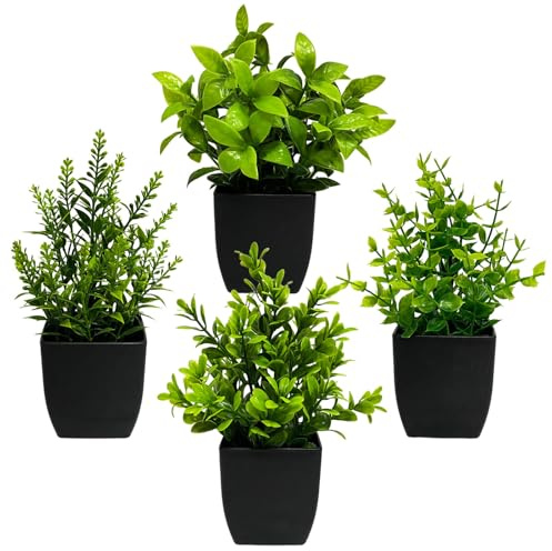 Kiuiom Piccole Piante Artificiali in Vaso,Piantine Finte Decorative con Vasetto,Piante Artificiali In Plastica,Adatto per Casa Ufficio Tavolo Stanza Bagno Decorazione Interno,Nero, 4 pezzi