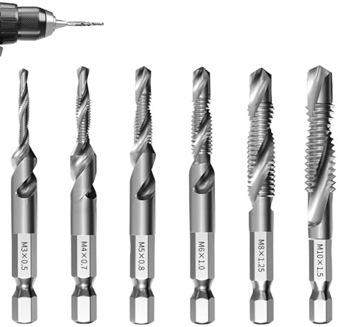 Menibeuty Juego de 6 brocas Combinadas M3 M4 M5 M6 M8 M10, Brocas para Metal Negro Antioxidante Hexagonal Macho de Roscar HSS Titanio Brocas Roscadoras Kit, brocas para Rosca per Metal, Madera