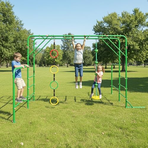 FZTEGJMY Outdoor Monkey Bars for Kids,Metal Swing Sets for Backyard with 4 Rings Climbing Rope,Monkey Bars Kit with Single Disk Outdoor Climbing Rope with Platforms,Jungle Gym for Playground, Green