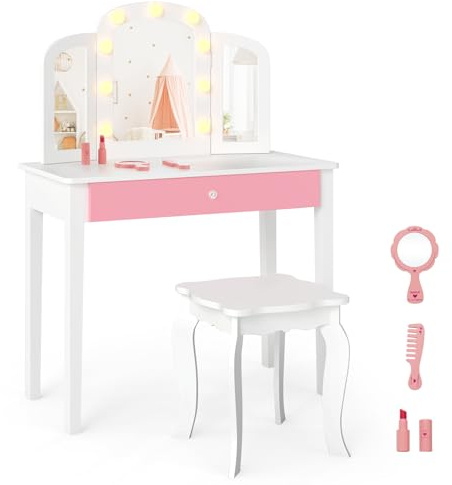 LIFEZEAL Specchiera Trucco per Bambina 3+Anni, con Luci, Sgabello, Sedia, Specchio Pieghevole, Rimovibile, Tavolo Toeletta, Postazione Makeup, con Cassetto, Accessori, in Legno, Cameretta (bianco)