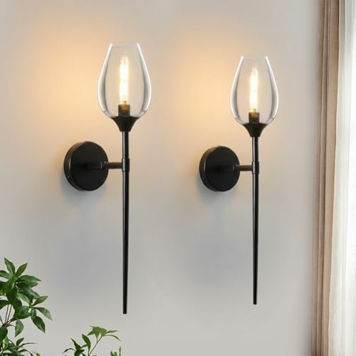 IRONDELIC Modern LED Wandleuchte Innen, 2er Set Kreativ Weinglasform Glas Wandlampe Warmweiß, Wandlicht Wandbeleuchtung für Schlafzimmer Wohnzimmer Treppenhaus Badezimmer (Schwarz)