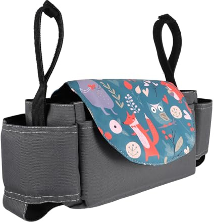 Vaguelly Bolsa Organizadora para Cochecito de Ñiño, Portavasos y Almacenamiento Multifuncional, Material Resistente, Diseño Animal Forest, Bolsa Colgante para Pañales y Biberones, Adecuado