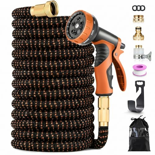 Manguera Extensible 45 Metros Universal, Tubo Flexible Multiusos con Pistola 10 Funciones y Racores de Latón, Tecnología 4 Capas, para Jardín, Limpieza y Coches