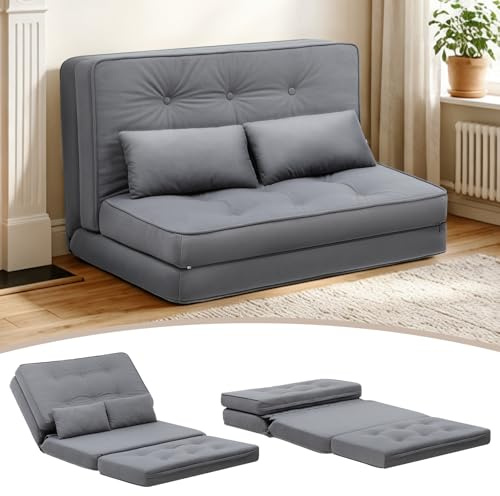COMHOMA Bodensofa Klappbares, 3 in 1 Sofa mit Schlaffunktion mit 6-stufig Verstellbarer Rückenlehne, Sofabett mit 2 Lendenkissen, geeignet für Wohnzimmer, Schlafzimmer & Camping, Grau