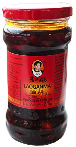 Salsa de chile china tipo chili oil con cacahuetes 275 g en frasco de vidrio, topping crujiente y picante para noodles ramen arroz dumplings salteados