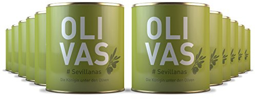 12er Set * OLIVAS Sevillanas / 80 g (Dose) * Milde Manzanilla Oliven aus Sevilla * Die Königin unter den Oliven - das Original