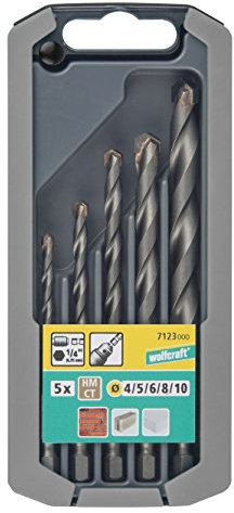 wolfcraft Steinbohrer-Set HM-bestückt, Sechskant-Schaft, Ø 4-10 mm, 5-tlg. I 7123000 I Für Bohrungen in Mauerwerk, Kunst- und Naturstein