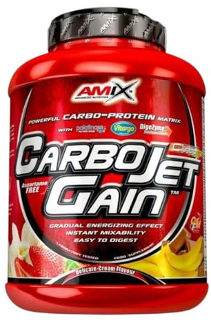 AMIX - Proteína en Polvo Carbojet Gain - Suplemento con Hidratos de Carbono -Proteína para Ganar Masa Muscular - Ideal para Atletas de Élite - Sabor Plátano - 2,25 KG