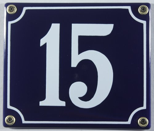 Emaille Hausnummernschild - Wählen Sie Ihre Nummer - Zahlen 1 bis 30 verfügbar - blau/weiß 12x12 cm und 12x14cm - sofort lieferbar! Hausnummer Schild wetterfest und lichtecht (15 blau/weiß 12x14cm)