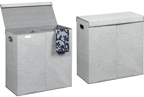 mDesign 2er-Set Wäschetruhe aus atmungsaktivem Polypropylen – Design Wäschekorb für Waschküche, Bad oder Schlafzimmer – Faltbare Wäschetonne im Jute-Look mit 2 Fächern, Deckel und Griffen – grau