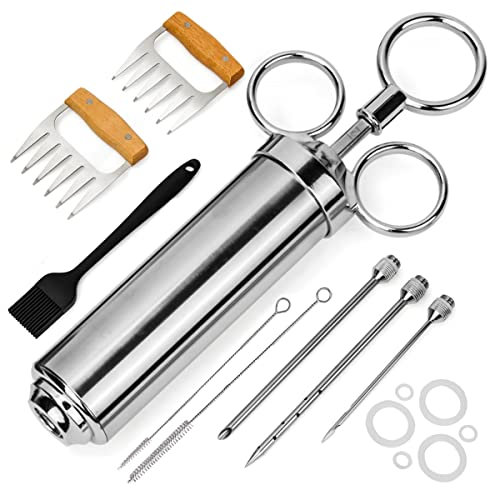 Jeringa de Cocina para Marinar Inyector de Salsas 60ML Inyector de Condimento Acero Inoxidable con 3 Agujas 2 Separadores de Carne, Cepillo, Jeringa para Rellenar Carne Inyector Salsas Asados Pavo Res