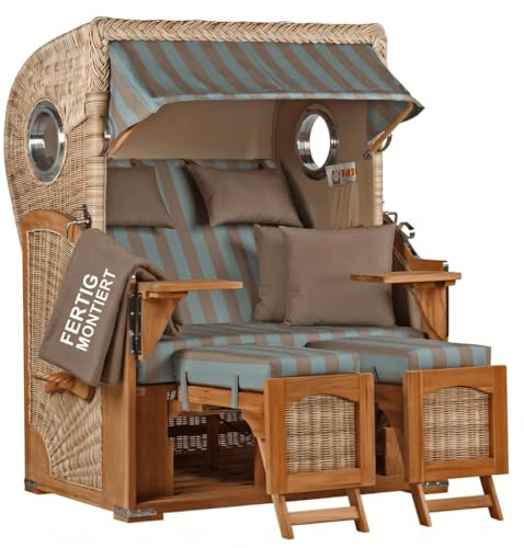 Strandkorb Teakholz Volllieger Strandstuhl Liegestuhl PE Geflecht Shell Düne TEAK Bullauge inkl. 4 Kissen+Wechselpolster - Strandkörbe aus Teak für Garten, Wintergarten und Terrassen (Dessin 520)