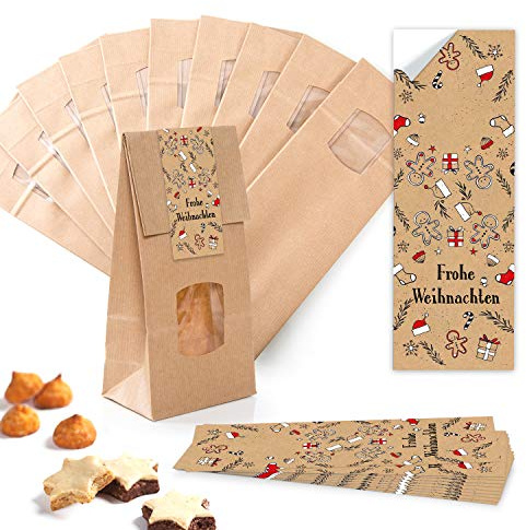 Logbuch-Verlag 50 kleine Lebensmittel Sichtfenster Beutel 10,5 x 6,5 x 29 mit Aufkleber Frohe Weihnachten Kekstüten Gebäcktüte Papiertüte Verpackung foliert