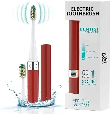 Voom Sonic Go 1 Series Battery-Operated Electric Toothbrush, Dentist Recommended, Portable Oral Care, 2 Minute Timer, Light Weight Design, Soft Dupont Nylon Bristles, Metallic Red