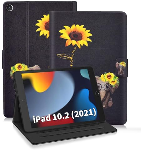 Hülle für iPad 10.2-Zoll 9/8/7 Generation Schutzhülle (2021/2020/2019) Premium Ledertasche Folio Ständer Cover-Auto Wachen/Schlafen mit Kartensteckplatz für iPad Air 3/Pro 10,5-Daisy Elephant