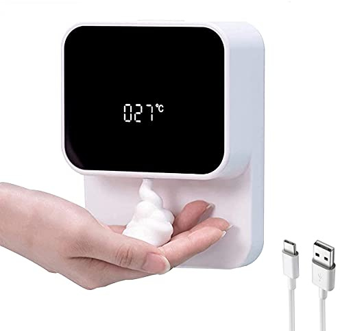 Distributeur de Savon Automatique Mural, Distributeur Savon Mousse sans Contact avec Affichage à LED, 280ml Distributeur de Désinfectant Mains à Capteur Infrarouge pour Salle de Bain Cuisine White