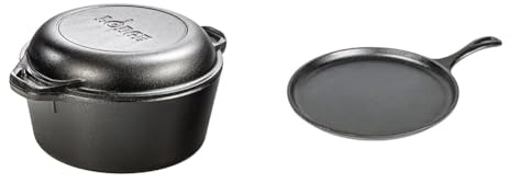 Lodge L8DD3 4.73 litre / 5 quart Pre-Seasoned Cast Iron Double Dutch Oven (with Loop Handles), Black & 26.67 cm / 10.5 inch Pre-Seasoned Cast Iron Round Griddle/Pancake Pan, Black