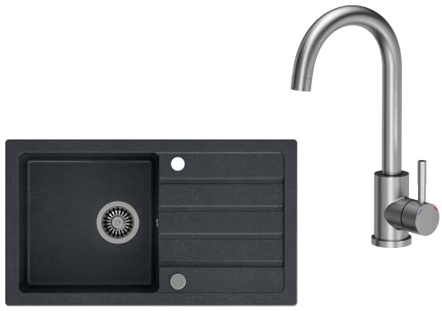 VBChome Spülbecken mit Armatur 77 x 44 cm Schwarz Spüle Einzelbecken Küche Einbauspüle Verbundspüle Küchenspüle gesprenkelt flächenbündig Siphon Waschbecken
