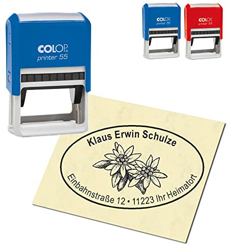 Adressstempel personalisiert Stempel - Alpen Edelweiss - oval 59 x 39 mm Automatikstempel als Firmenstempel Namensstempel Bürostempel