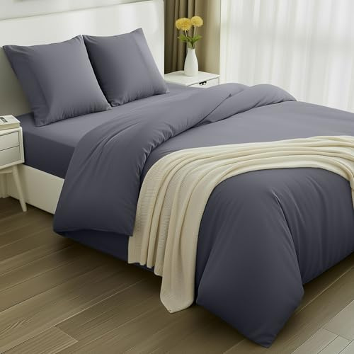 Utopia Bedding 4 Piece Sängkläder Set - Mjuk Borstad Microfiber Polyester - Påslakan (200x200cm), Spännlakan (140x200cm) med Kuddfodral (80x80cm), Grå | Påslakan 200 x 200 cm, Savannah Bajera 140 x 200 cm och örngott 80 x 80 cm, mjuk borstad mikrofiber
