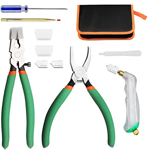 SPEEDWOX 12-teiliges Glasschneidewerkzeug-Set enthält Glas-Laufzange mit 2 Paar Gummispitzen, Breaker Grozer Zange, Ölzufuhr-Glasschneider-Set, gravierter Stift, Ledertasche mit Reißverschluss