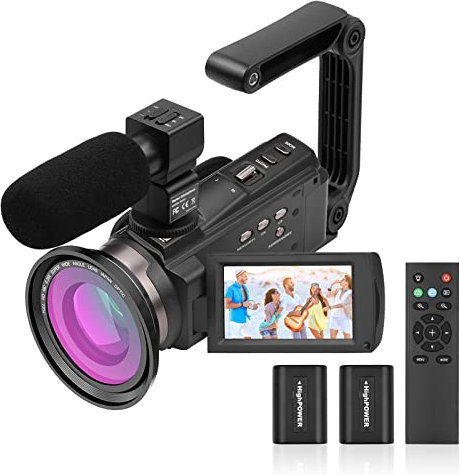 Andoer Videocámara 4K/60FPS, Cámara de vídeo 48MP Vlogging Camera 16X Zoom Digital para Youtube, Digital Video Camera IR Visión Nocturna con Micrófono,Control Remoto, 2 Batteries