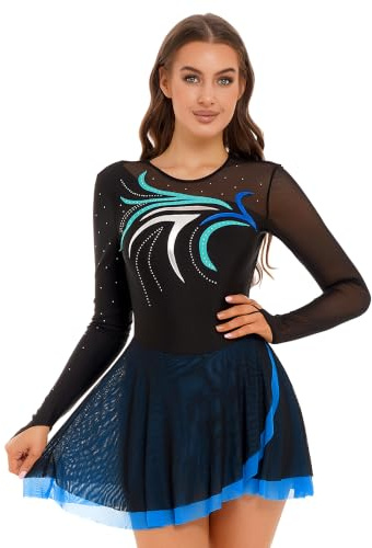 Nyeemya Vestido de Patinaje Artistico Leotardos Danza Maillot con Falda Ballet Mujer Vestido Gimnasia Ritmica de Manga Larga Maillot Competición Disfraz de Bailarina Azul Verde L
