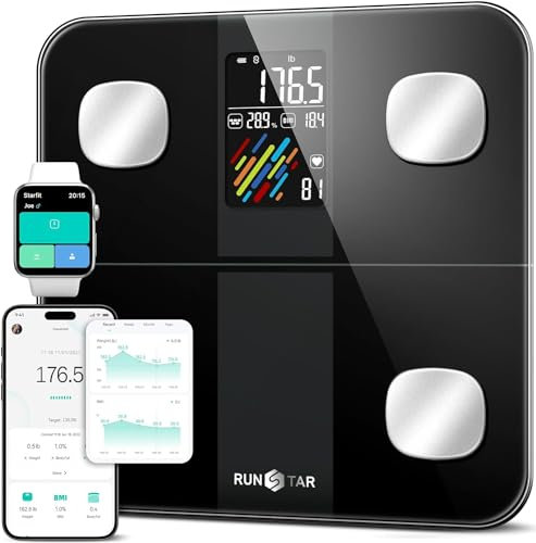 RunSTAR Smart Scale für Körpergewicht und Fettanteil, hohe Genauigkeit, digitale Personenwaage mit großem Display, Waage für 15 Körperzusammensetzungsmetriken, 180 kg, FSA HSA zugelassen
