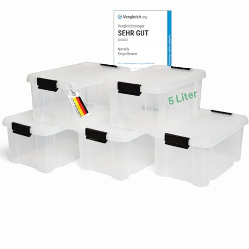 Novaliv 5x Aufbewahrungsboxen mit Deckel 5L transparente Nestbar stapelbare Storage boxes mit Clipverschluss Kunststoff BPA-frei 30 x 19 x 14 cm