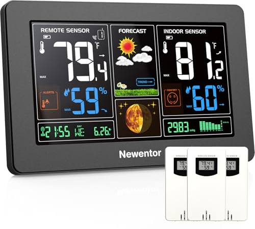 Newentor Weather Station Wireless Indoor Outdoor Thermometer, Color Display Digital Weather Thermometer with Atomic Clock, Barometric Pressure, Forecast Station with Adjustable Backlight,Black,3Sensor