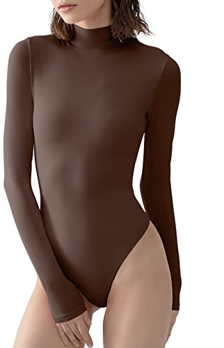 PUMIEY Bodysuit for Women Long Sleeve Mock Turtle Neck Body Suits T-shirt Tops, Chocolate Meduim