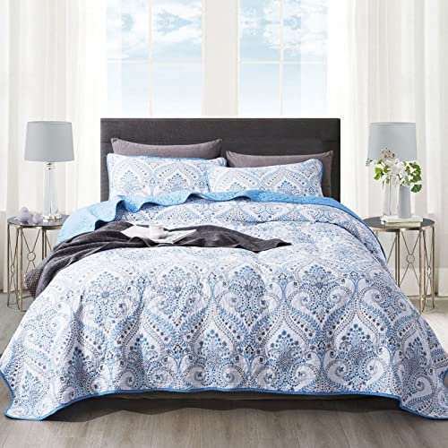 NEWLAKE Baumwoll-Tagesdecken-Sets – wendbares Patchwork-Bettwäsche-Set, blaues klassisches königliches Muster, California King Size