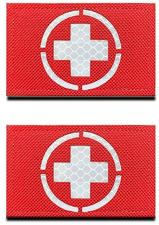 2 St. IR Reflektierend Rot Sanitätskreuz Bestickter Aufnäher mit Verschluss Patch, für Taktische Rucksäcke, Medizinische Taschen, Erste-Hilfe-Kits/Tasche, Outdoor-Abenteuer-Kits