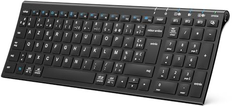 iClever Clavier Bluetooth, Clavier sans Fil Rechargeable Connecter 1 à 3 appareils AZERTY Mac iPad air Pro Tablette Ordinateur PC iPhone iOS Android Windows Ultra-Mince