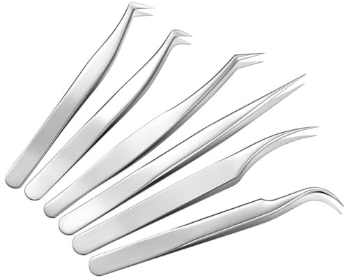 AAED Juego De 6 Piezas De Pinzas para Pestañas Postizas De Acero Inoxidable De Una Sola Punta Curva Pinzas Profesionales para Extensión De Pestañas
