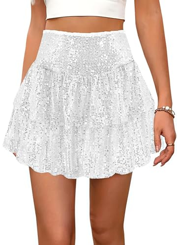 Segreto Damen Glitzer Pailletten Rock A-Linie Hohe Taille Minirock Dehnbar Faltenrock Glockrenrock Party Kurz Röcke
