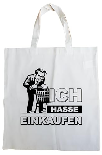 Fördeblau Witzige Einkaufstasche aus Baumwolle mit Spruch 'Ich hasse Einkaufen' – Baumwolltasche als humorvolles Geschenk, 38 x 42 cm, Tragetasche mit Statement