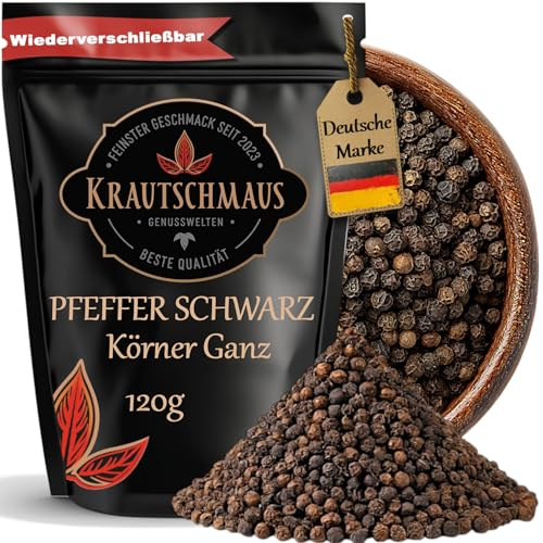 120g Pfeffer schwarz ganz von Krautschmaus, ganze Pfefferkörner für Pfeffermühle, Pfeffer schwarz grob, ohne Zusatzstoffe