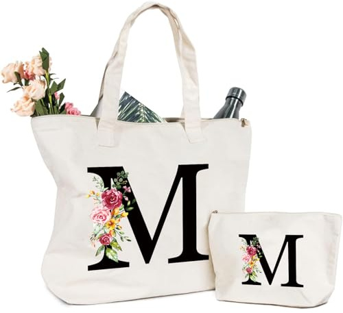 Sac Fourre-Tout en Toile avec Initiale Fleur, Sac Tote bag en Toile Trousse de Maquillage Personnalisés Idéal pour Mariage Anniversaire Plage Vacances, Cadeau Parfait pour Femmes Amis Maman Sœurs (M)