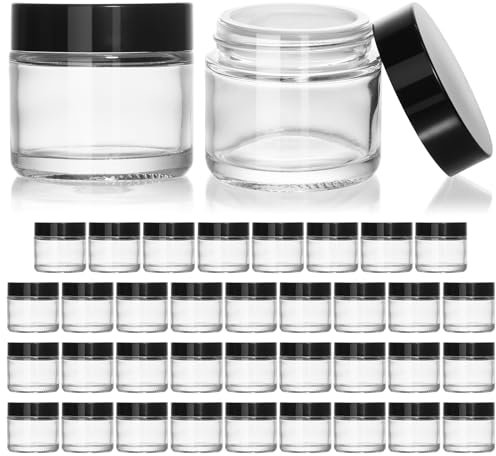 KEYWING 35PCS 2oz Clear Small Glass Lotion Jars with Black Lids