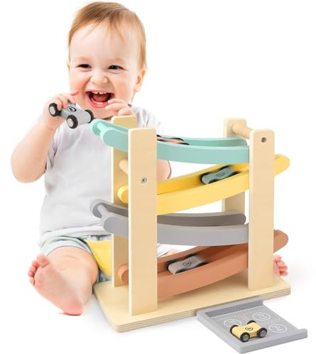 Wooden Car Ramp Toy for 1-2 Year Old Boys & Girls - Click Clack Track with 4 Mini Cars & Toy Garage