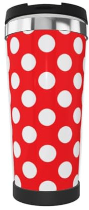 FJQWKLF Rot-weiß gepunkteter isolierter Becher, 13 oz Vakuum-Kaffeetasse aus Edelstahl