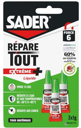 Sader Colle Multi-Usages Répare Tout Extrême + – Colle Forte Tous Matériaux – Super Glue Liquide – Intérieur/Extérieur – Sans odeur ni Solvant – Transparente – 3 Tubes de 1g
