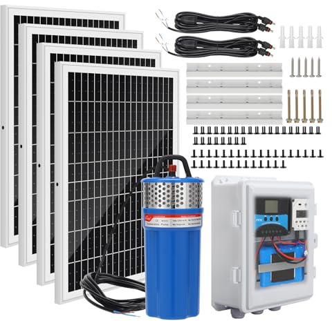 Kit de bomba solar para pozo con función de temporización, bomba de agua sumergible + cuatro paneles + caja impermeable (contiene controlador, batería)