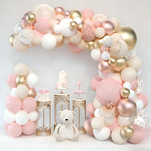 Luftballon Girlande Rosa Beige Gold, 110 Stück Pastell Rosa Gold Aprikose Weiß Ballon Girlande Set, Roségold Gold Konfetti Ballons für Mädchen Frau Geburtstag Babyparty Hochzeit Brautparty Party Deko