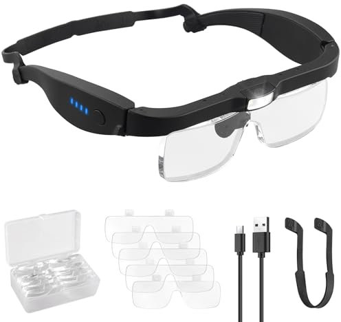 eSynic Lupenbrille mit Licht LED Kopflupe Kopfbandlupe Stirnlupe Brillenlupe mit Beleuchtung 5 Linsen 0.75-1.25-2-3-4X für Reparatur Juweliere Nähen Handwerk